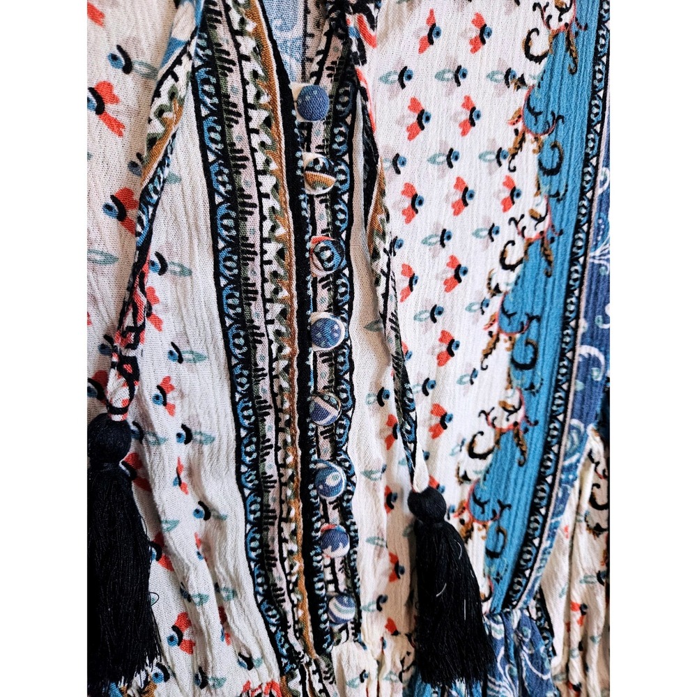 Bohemian Peasant Peplum Blouse M/L Balloon Sleeve‎ Tassel Patchwork Print #510 - Picture 4 of 5